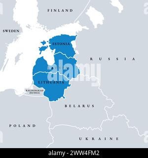 Gli Stati baltici o i paesi baltici, mappa politica. Termine geopolitico che comprende Estonia, Lettonia e Lituania, a volte semplicemente Baltici. Foto Stock