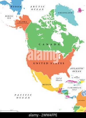 Paesi del Nord America, mappa politica. Continente delimitato dal Sud America, dal Mar dei Caraibi e dall'Oceano Artico, Atlantico e Pacifico. Foto Stock