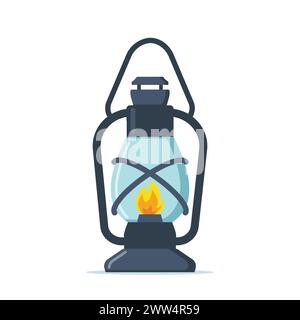 Vecchia lanterna con cherosene o olio d'annata con stoppino in fiamme e supporto. Illuminazione campeggio o miniera. Apparecchiature di illuminazione di vecchio stile. Illustrazione vettoriale Illustrazione Vettoriale
