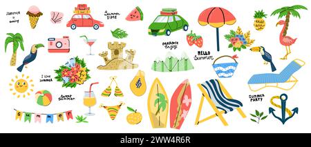 Grande set estivo di elementi disegnati a mano - auto con bagagli, ombrello, costume da bagno, sole, palla, sedia da spiaggia, fenicotteri e tucani tropicali, ancora, macchina fotografica, frutta tropicale. Illustrazione Vettoriale
