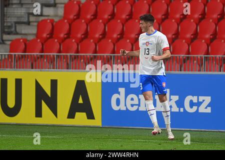 Pardubice, Repubblica Ceca. 21 marzo 2024. Denis Halinsky, Repubblica Ceca, celebra un gol durante l'amichevole di calcio U21 tra Repubblica Ceca e Irlanda del Nord a Pardubice, Repubblica Ceca, 21 marzo 2024. Crediti: Josef Vostarek/CTK Photo/Alamy Live News Foto Stock