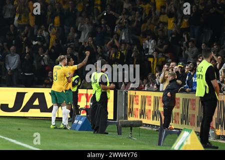 21 marzo 2024; CommBank Stadium, Sydney, NSW, World Cup Qualifying Football, Australia contro Libano; Keanu Baccus dell'Australia celebra il suo gol per arrivare a 1-0 al 5 ° minuto Foto Stock