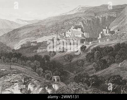 Nazareth. Vista generale della città. Incisione di Aubert. "La Tierra Santa y los lugares recorridos por los profetas, por los apóstoles y por los cruzados" (la Terra Santa e i siti attraversati dai profeti, dagli apostoli e dai crociati). Pubblicato a Barcellona dalla tipografia di Joaquin Verdaguer, 1840. Foto Stock