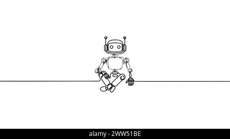 Una linea continua che disegna il robot seduto. Computer man di metallo o cyborg. Meccanismo amichevole. Illustrazione grafica vettoriale del disegno a linea singola Illustrazione Vettoriale