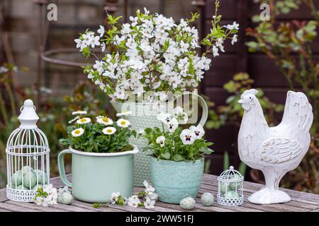 accordo pasquale con fiori primaverili bianchi, bouquet di fiori di prato e pollo pasquale Foto Stock