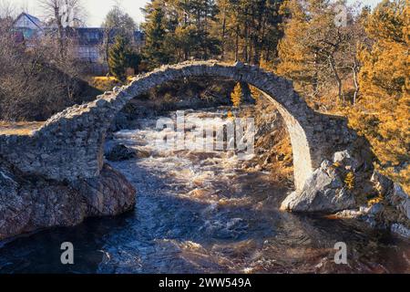 29.02.24 Carrbridge, Speyside, Scozia, Regno Unito. Carrbridge Packhorse Bridge, noto anche come Coffin Bridge, è un ponte situato nel villaggio di Carrbridge nel Foto Stock