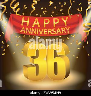 Felice celebrazione del 36° anniversario con Golden Confetti e Spotlight, illustrazione vettoriale Illustrazione Vettoriale