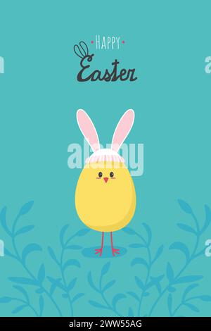 Buon Pasqua per il pollo con orecchie di coniglio. Banner cartoni animati con illustrazione vettoriale Illustrazione Vettoriale