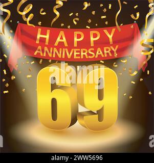 Felice celebrazione del 69° anniversario con Golden Confetti e Spotlight, illustrazione vettoriale Illustrazione Vettoriale