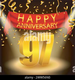 Felice celebrazione del 97° anniversario con Golden Confetti e Spotlight, illustrazione vettoriale Illustrazione Vettoriale