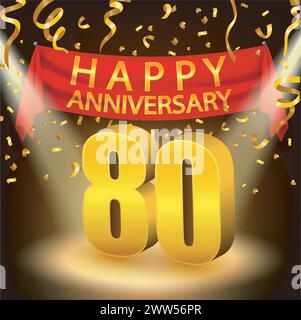 Felice celebrazione del 80° anniversario con Golden Confetti e Spotlight, illustrazione vettoriale Illustrazione Vettoriale