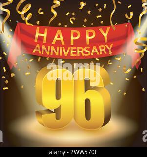 Felice celebrazione del 96° anniversario con Golden Confetti e Spotlight, illustrazione vettoriale Illustrazione Vettoriale