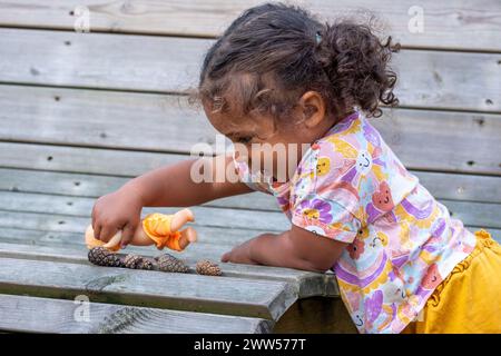 Bambino afroamericano dai capelli ricci che gioca con un giocattolo e coni di pino su una panchina di legno, mostrando curiosità e gioia Foto Stock