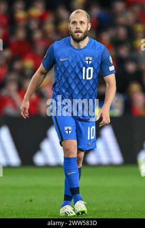 Teemu Pukki della Finlandia, durante la partita di qualificazione agli europei di UEFA in semifinale Galles contro Finlandia al Cardiff City Stadium, Cardiff, Regno Unito, 21 marzo 2024 (foto di Craig Thomas/News Images) Foto Stock