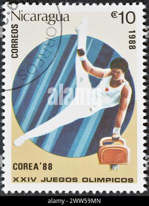 Francobollo cancellato stampato dal Nicaragua, che promuove i Giochi Olimpici estivi 1988 - Seul, 1988 circa. Foto Stock