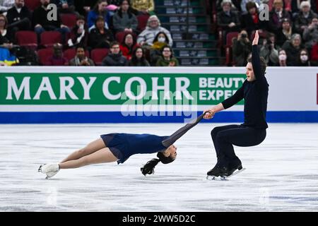 Montreal, Canada. 20 marzo 2024. MONTREAL, CANADA - 20 MARZO 2024: Lia Pereira e Trennt Michaud (CAN) durante i Campionati mondiali di pattinaggio di figura ISU al Bell Centre On di Montreal, Canada. Crediti: Orange Pics BV/Alamy Live News Foto Stock