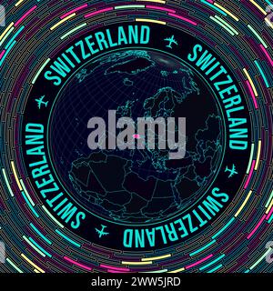 La Svizzera sul globo. Vista satellitare del mondo incentrata sulla Svizzera. Stile neon brillante. Futuristico sfondo radiale in mattoni. Illustrazione Vettoriale