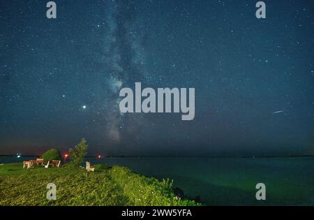 Guarda la via Lattea e la doccia del Perseid Meteor sul lago Nippissing a North Bay, Ontario, Canada Foto Stock