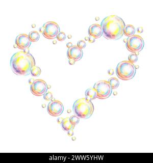 Illustrazione ad acquerello di una cornice a forma di cuore con bolle di sapone. Simbolo del giocattolo estivo, tempo di bagnarsi, carnevale, festa delle bolle, produzione di sapone, hobby, bagno, Foto Stock