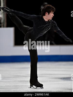 Montreal, Canada. 21 marzo 2024. Jin Boyang della Cina gareggia durante il programma maschile Short agli International Skating Union (ISU) World Figure Skating Championships al Bell Centre di Montreal, Canada, il 21 marzo 2024. Crediti: Andrew Soong/Xinhua/Alamy Live News Foto Stock