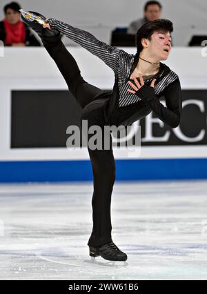 Montreal, Canada. 21 marzo 2024. Il Giappone Kagiyama Yuma gareggia durante il programma maschile Short ai Campionati mondiali di pattinaggio di figura dell'Unione Internazionale di pattinaggio di figura al Bell Centre di Montreal, Canada, il 21 marzo 2024. Crediti: Andrew Soong/Xinhua/Alamy Live News Foto Stock