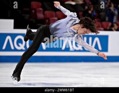 Montreal, Canada. 21 marzo 2024. Uno Shoma del Giappone gareggia durante il programma maschile Short ai Campionati mondiali di pattinaggio di figura dell'Unione Internazionale di pattinaggio di figura al Bell Centre di Montreal, Canada, il 21 marzo 2024. Crediti: Andrew Soong/Xinhua/Alamy Live News Foto Stock