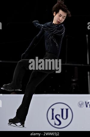 Montreal, Canada. 21 marzo 2024. Jin Boyang, cinese, gareggia durante il programma corto maschile ai Campionati mondiali di pattinaggio di figura dell'Unione Internazionale di pattinaggio di figura al Bell Centre di Montreal, Canada, il 21 marzo 2024. Crediti: Andrew Soong/Xinhua/Alamy Live News Foto Stock