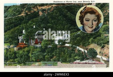 RESIDENZA DI MYRNA LOY VICINO BEVERLY HILLS cartolina da Homes of the Movie Stars cartolina pubblicata nel 1940 Curt Teich & Co., Inc.,. Chicago, Stati Uniti Foto Stock