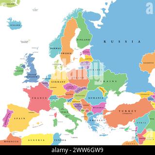 Europa con una parte dei paesi del Medio Oriente, mappa politica. Parte occidentale del continente Eurasia, situata nell'emisfero settentrionale. Foto Stock