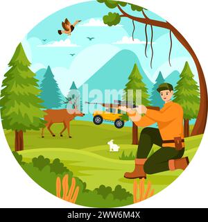 Illustrazione vettoriale di caccia con fucile Hunter o arma per sparare agli uccelli o agli animali selvatici nella foresta su Flat Cartoon background Design Illustrazione Vettoriale