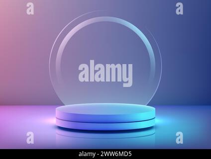 Podio con colori neon 3D e podio rotondo in vetro con illuminazione blu e viola su sfondo neon. Concetto tecnologico per l'esposizione dei prodotti. Illus vettoriale Illustrazione Vettoriale