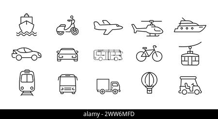 Icone di trasporto e icone dei veicoli con sfondo bianco Illustrazione Vettoriale