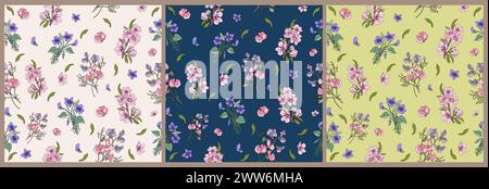 Motivo senza cuciture con fiori primaverili e foglie. Illustrazione Vettoriale
