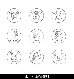 set di icone lineari testa animale. Collezione di simboli vettoriali di contorno, pacchetto di pittogrammi di stile lineare. Illustrazione Vettoriale