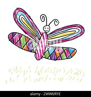 butterfly kids disegnano, la creatività dei bambini. disegni carini colorati in età prescolare Illustrazione Vettoriale