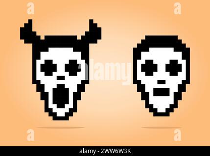 8 bit pixel di maschera spaventosa. Costumi di Halloween per giochi di asset e modelli Cross Stitch in illustrazioni vettoriali. Illustrazione Vettoriale