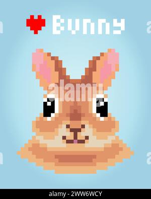 coniglio con testa pixel a 8 bit. Animali per risorse di gioco e schemi di cucitura incrociata nelle illustrazioni vettoriali. Illustrazione Vettoriale