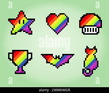 cuore, fungo, pipistrello, trofeo, stella e gatto da 8 bit in colore arcobaleno. Per i giochi di risorse e i pattern di composizione incrociata nelle illustrazioni vettoriali. Illustrazione Vettoriale