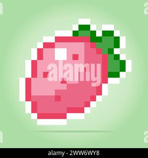 8 bit pixel di fragola. Pixel Fruits per le risorse di gioco e i motivi di cucitura incrociata nelle illustrazioni vettoriali. Illustrazione Vettoriale