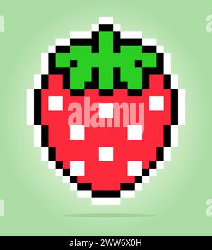 8 bit pixel di fragola. Pixel Fruits per le risorse di gioco e i motivi di cucitura incrociata nelle illustrazioni vettoriali. Illustrazione Vettoriale