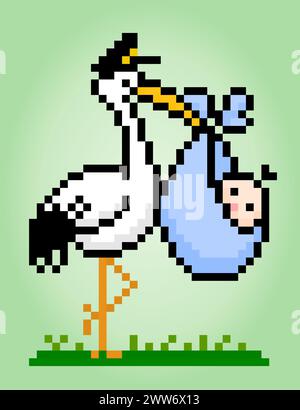 8 bit pixel di una cicogna trasporta il bambino con borse, pixel animale per le risorse di gioco e motivi di cucitura incrociata nelle illustrazioni vettoriali. Illustrazione Vettoriale