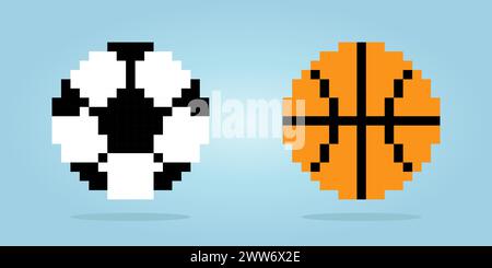 pallacanestro e calcio a 8 bit. Pixel della palla per le risorse di gioco e i pattern di cucitura incrociata, nelle illustrazioni vettoriali Illustrazione Vettoriale