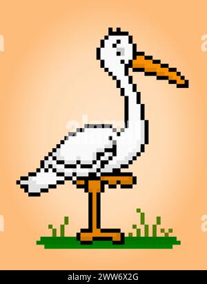 8 bit pixel di cicogna. Pixel art animale per risorse di gioco e pattern di cuciture incrociate nelle illustrazioni vettoriali. Illustrazione Vettoriale
