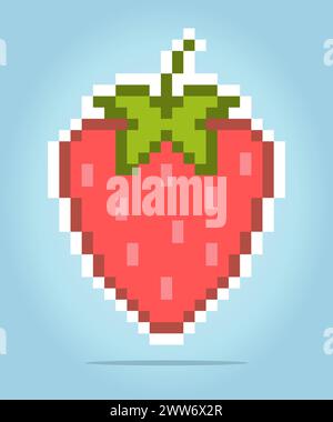 8 bit pixel di fragola. Pixel Fruits per le risorse di gioco e i motivi di cucitura incrociata nelle illustrazioni vettoriali. Illustrazione Vettoriale