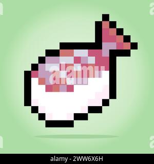 sushi a 8 bit. pixel food per le risorse di gioco e i pattern di cucitura incrociata nelle illustrazioni vettoriali. Illustrazione Vettoriale