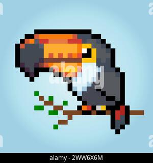 pixel toucan bird a 8 bit. Pixel animale nelle illustrazioni vettoriali per le risorse di gioco e i pattern a punti incrociati. Illustrazione Vettoriale