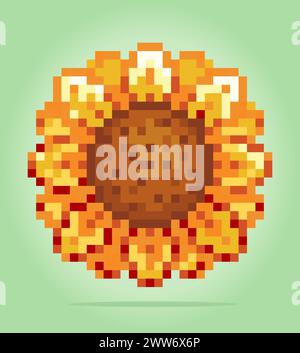 Pixel di girasole a 8 bit, pixel pianta per le risorse di gioco e motivi di cucitura incrociata nelle illustrazioni vettoriali. Illustrazione Vettoriale