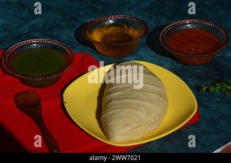 Piatto speciale Himachal Pradesh Siddu. Si tratta di un pane di farina di grano al vapore ripieno di lenticchie a grammo nero, frutta secca, semi di papavero, noci, ecc. Foto Stock