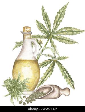 Illustrazione ad acquerello con goccia di marijuana e olio di cannabis, foglie di marijuana verde e bottiglia, composizione di foglie di Cannabis Foto Stock