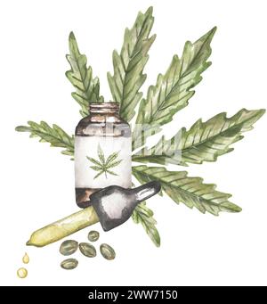 Illustrazione ad acquerello con goccia di marijuana e olio di cannabis, foglie di marijuana verde e bottiglia, composizione di foglie di Cannabis Foto Stock